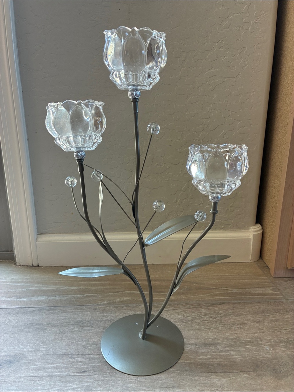 Metal & Glass Floral Candle Holder - Silver